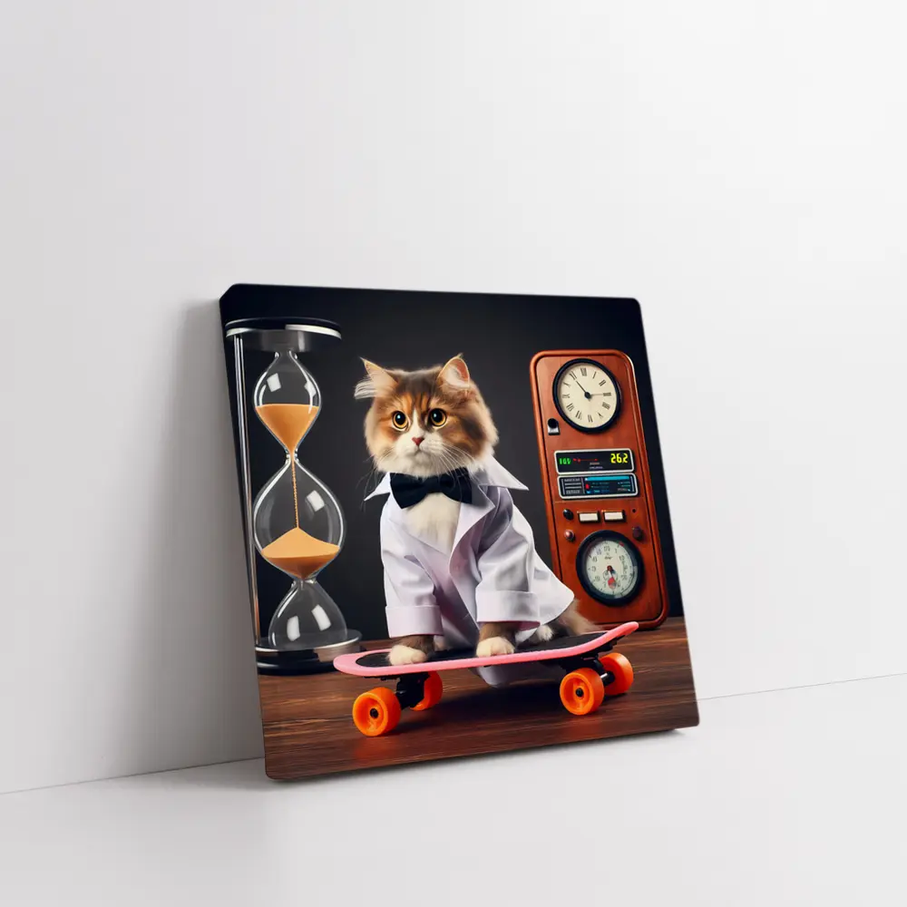 Persian Cat Scientist Riding Pink Skateboard – Wall Art