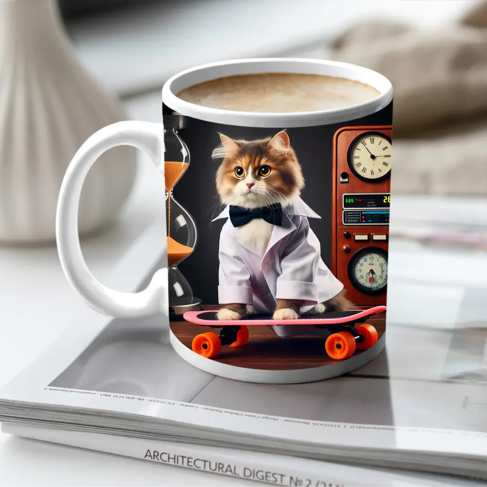 Persian Cat Scientist Riding Pink Skateboard – Mugs