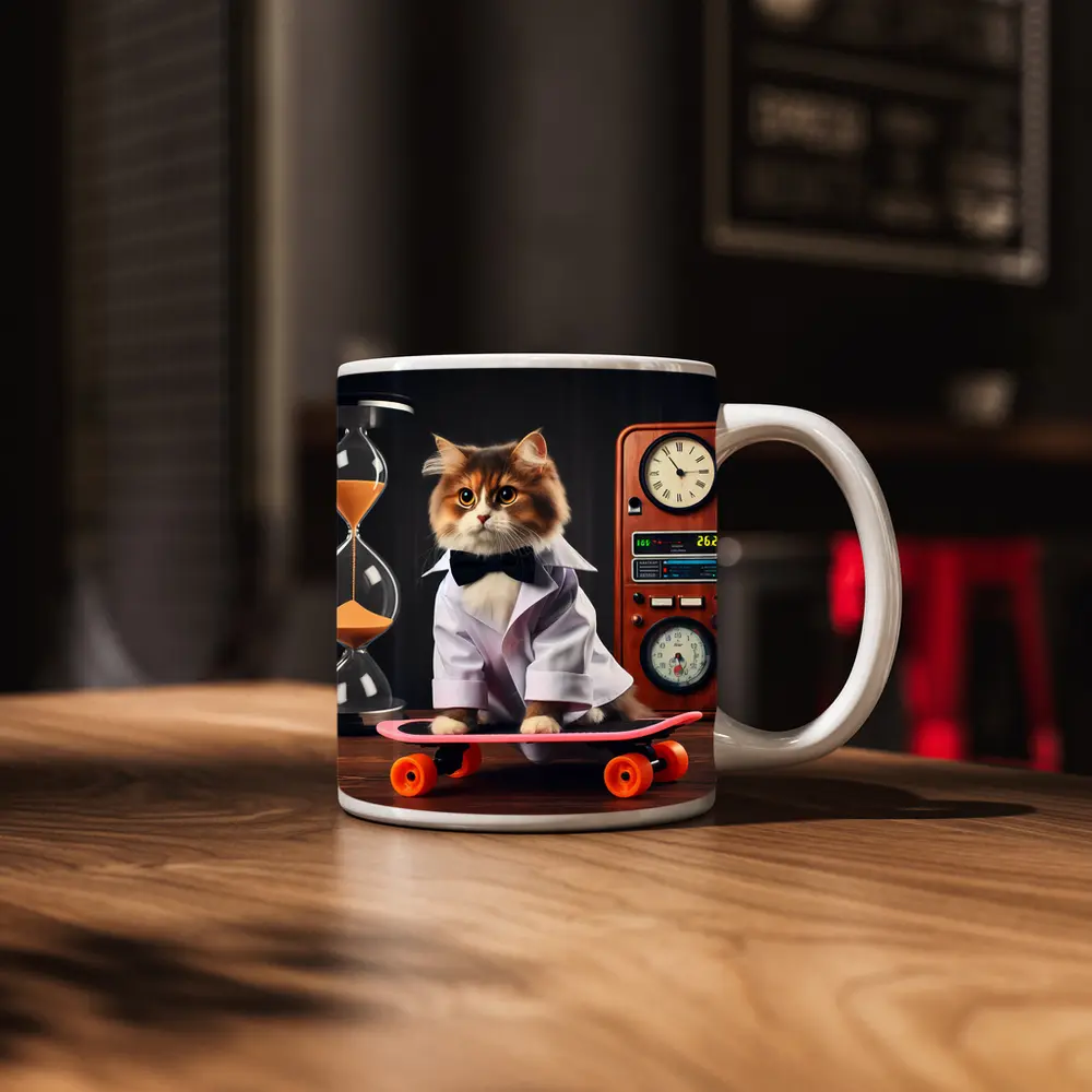 Persian Cat Scientist Riding Pink Skateboard – Mugs