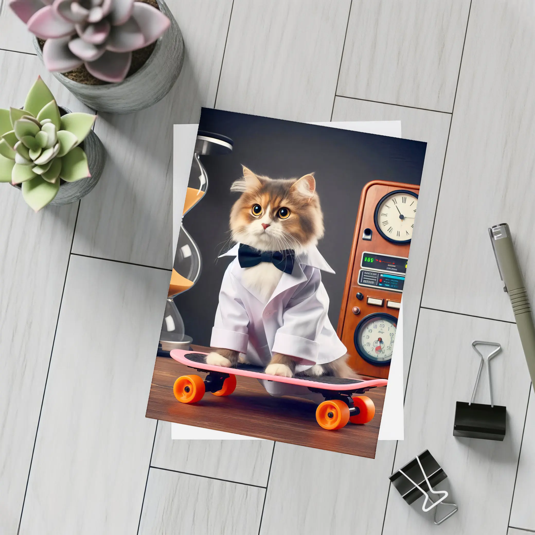 Persian Cat Scientist Riding Pink Skateboard – Postcards