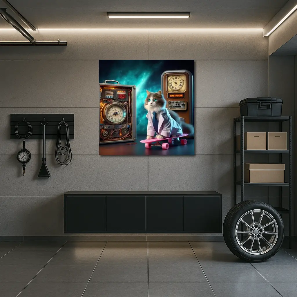 Scientist Cat Skateboarding Time Machine Space – Wall Art