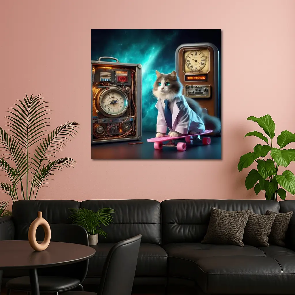 Scientist Cat Skateboarding Time Machine Space – Wall Art