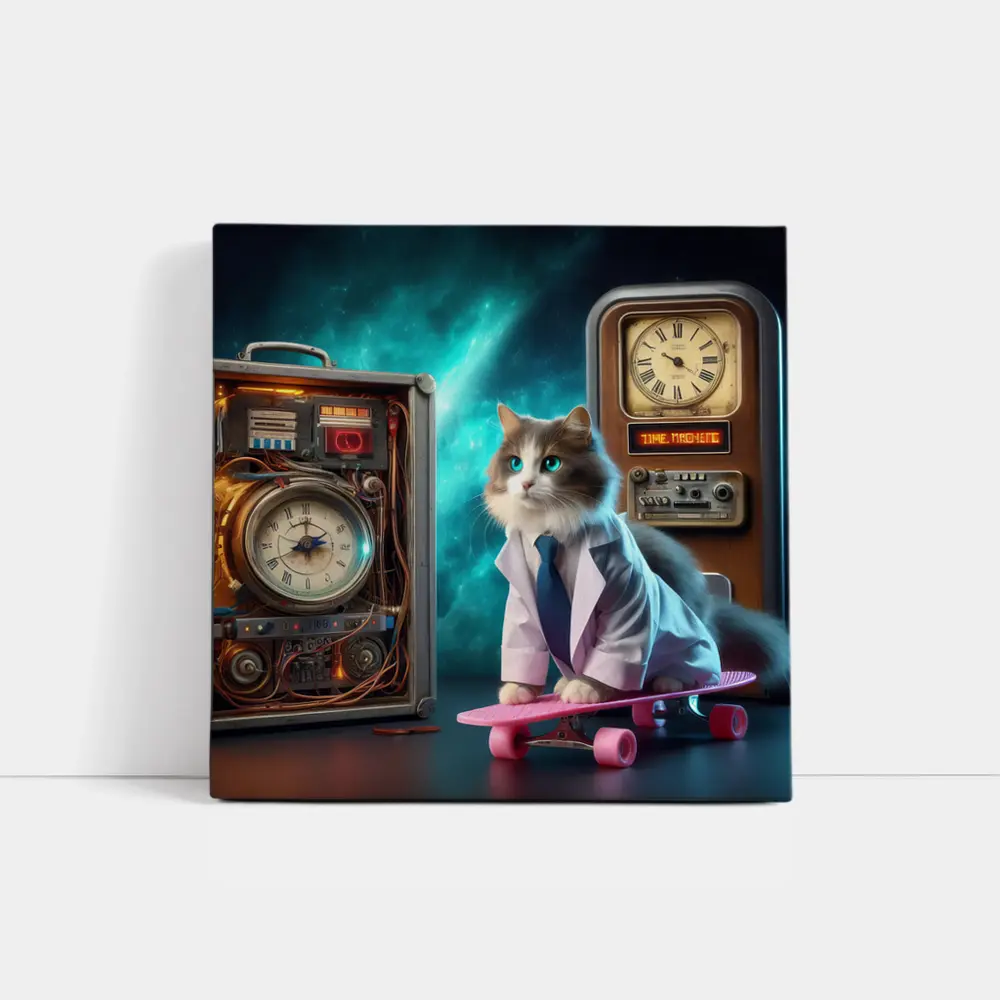 Scientist Cat Skateboarding Time Machine Space – Wall Art