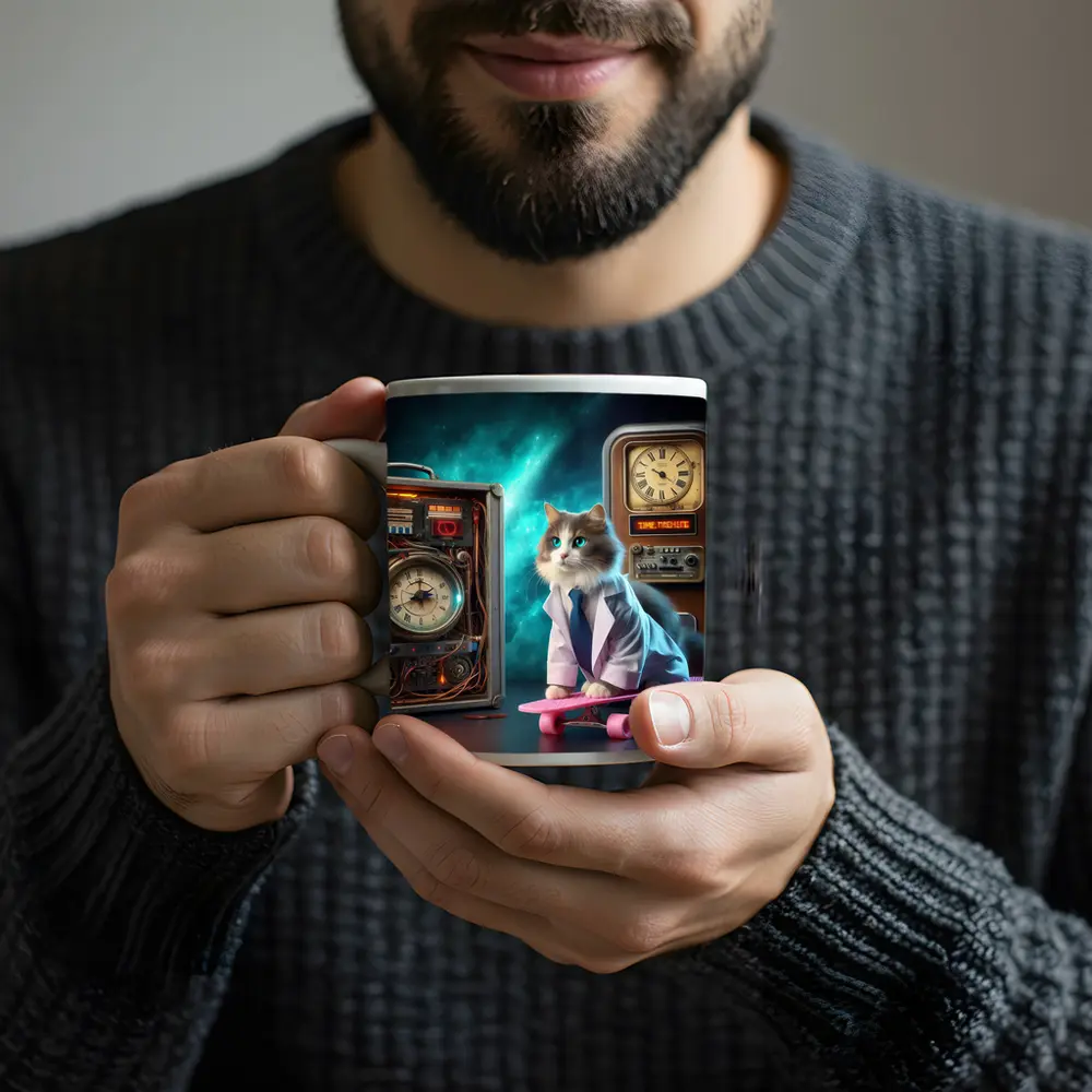 Scientist Cat Skateboarding Time Machine Space – Mugs