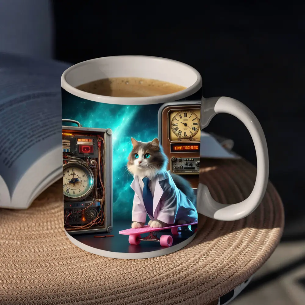 Scientist Cat Skateboarding Time Machine Space – Mugs