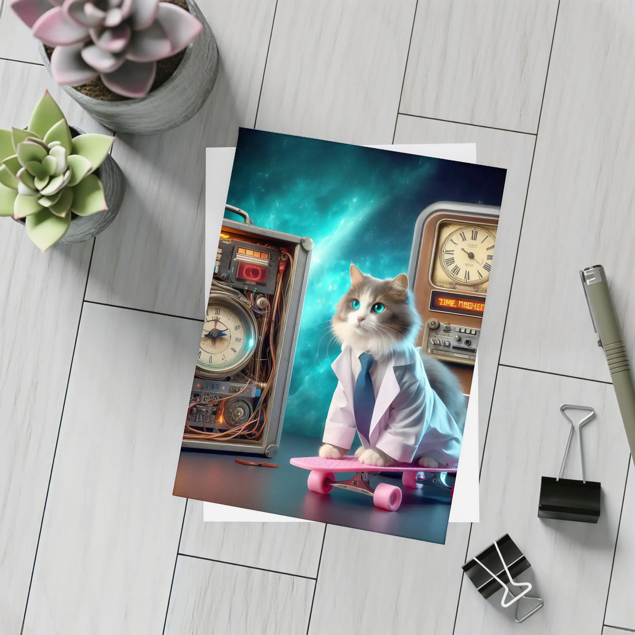 Scientist Cat Skateboarding Time Machine Space – Postcards