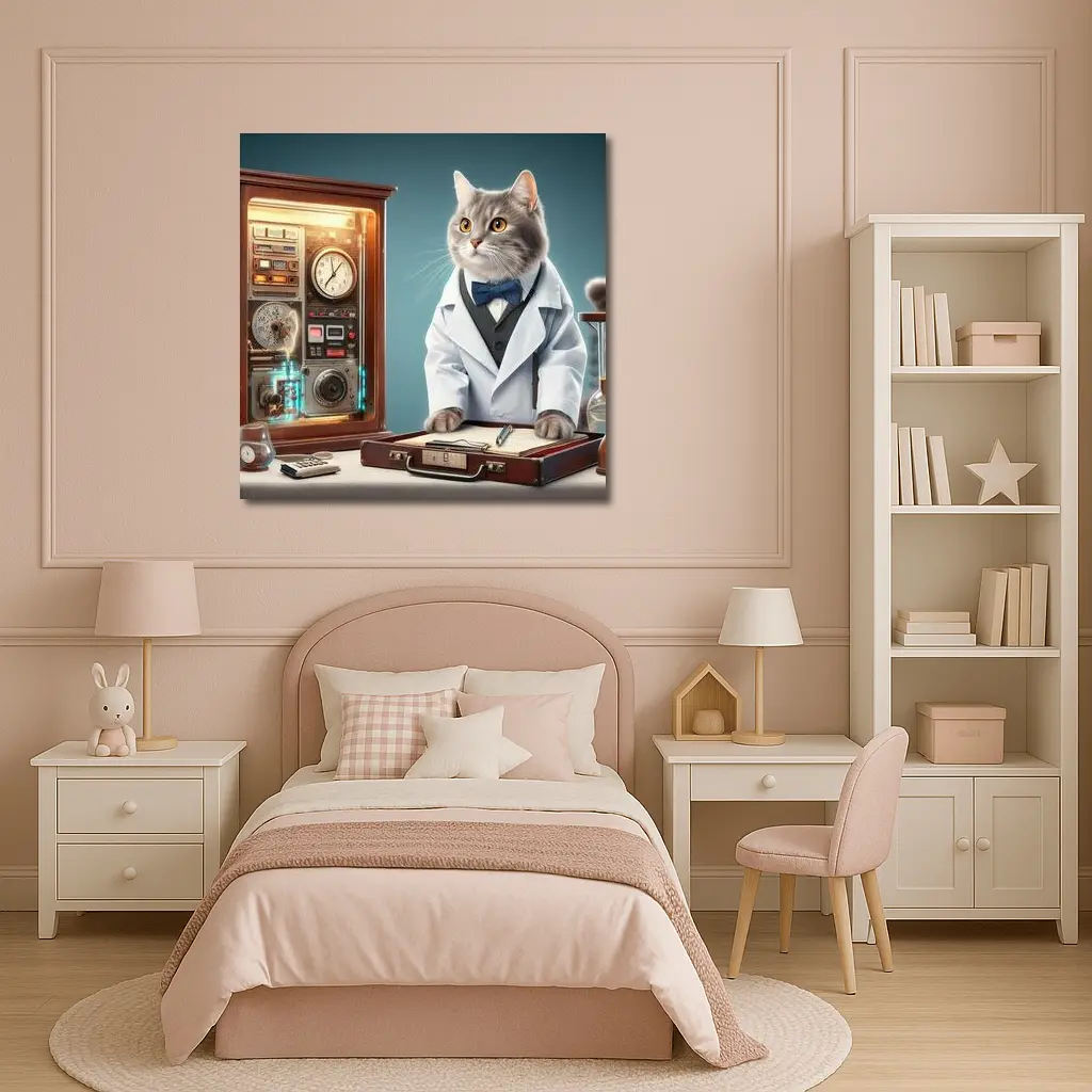 Gray Cat Scientist Lab Coat Blue Background – Wall Art