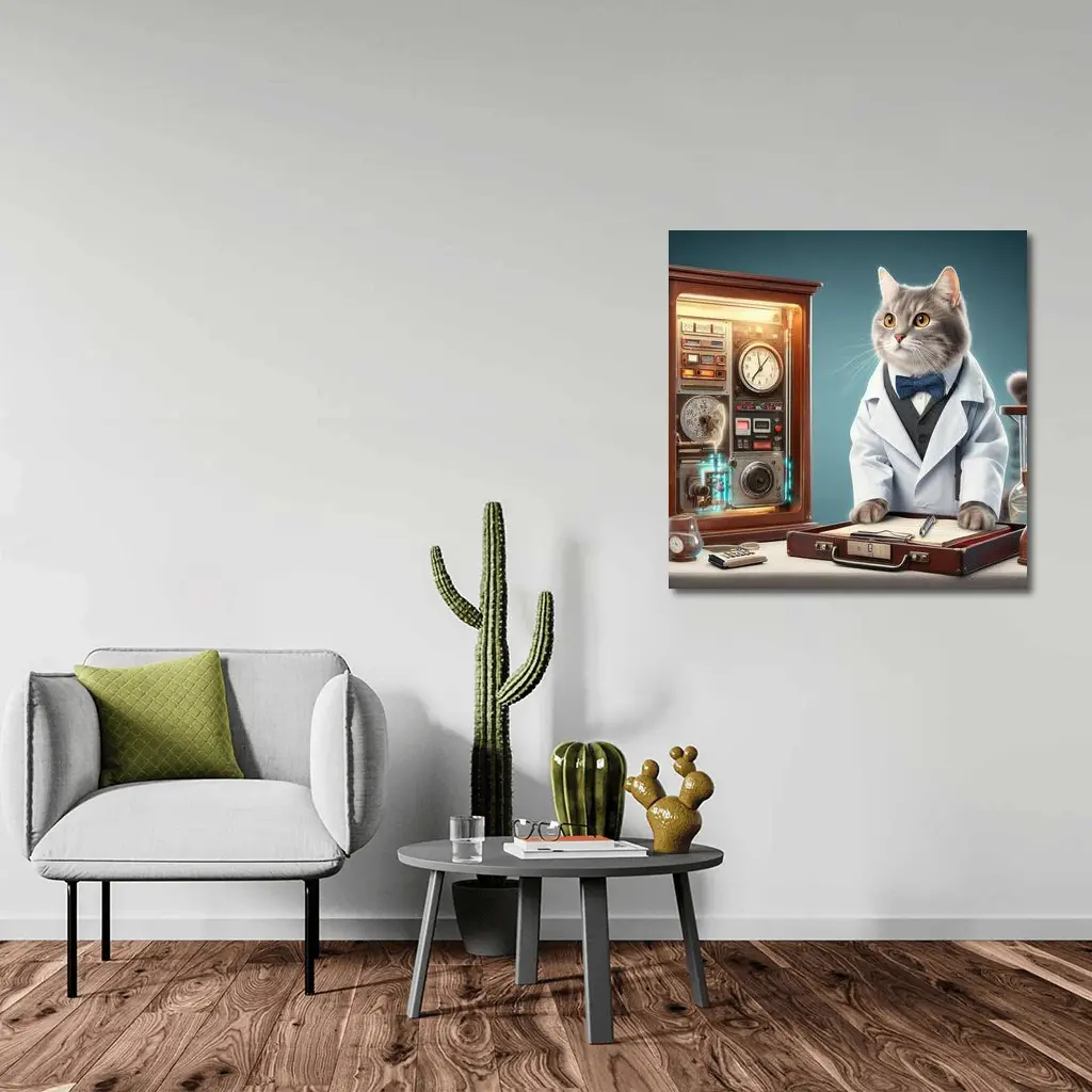Gray Cat Scientist Lab Coat Blue Background – Wall Art