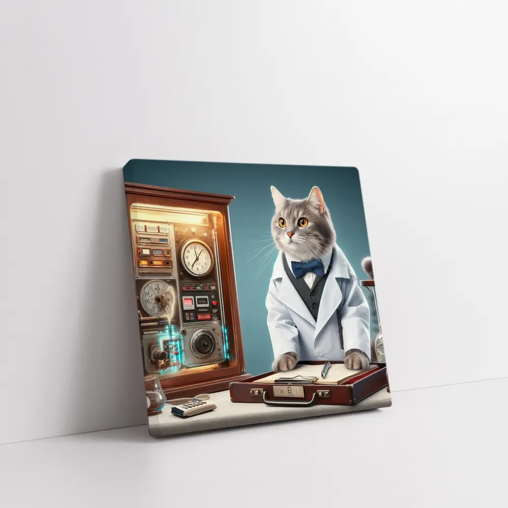 Gray Cat Scientist Lab Coat Blue Background – Wall Art