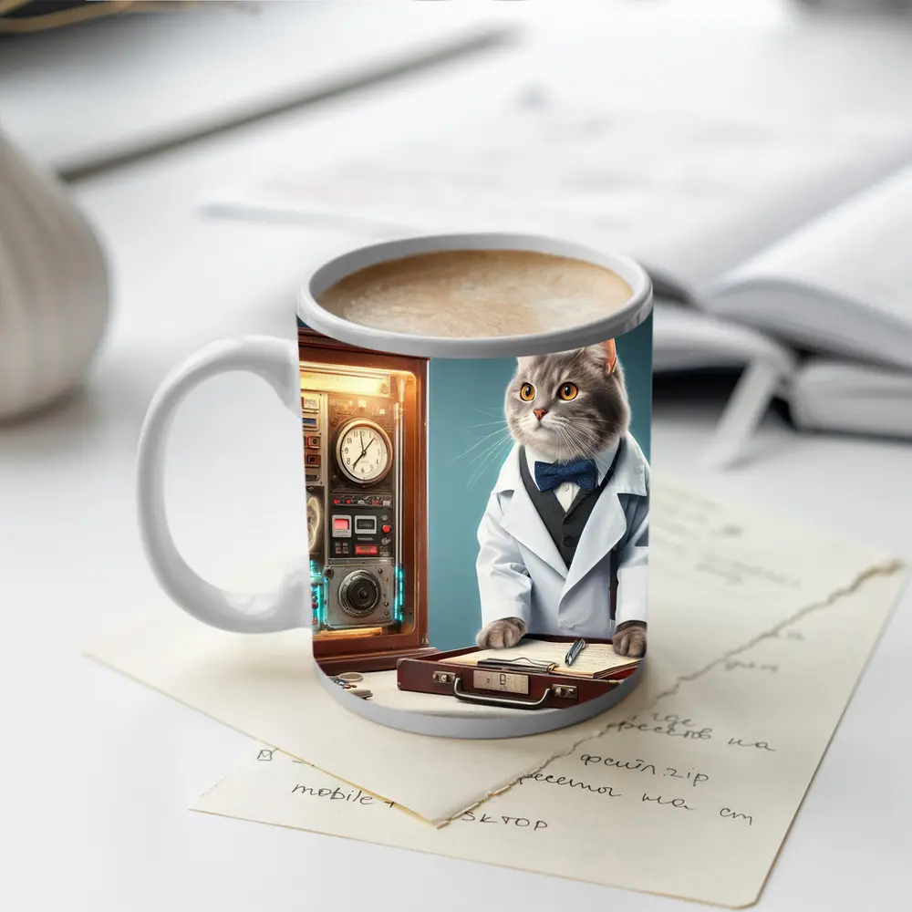 Gray Cat Scientist Lab Coat Blue Background – Mugs