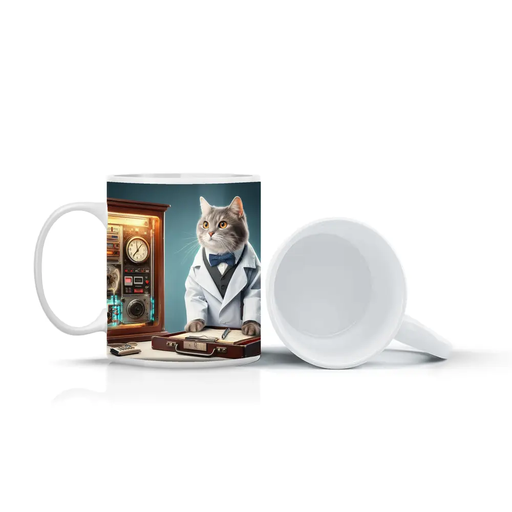 Gray Cat Scientist Lab Coat Blue Background – Mugs