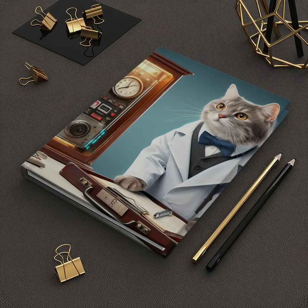 Gray Cat Scientist Lab Coat Blue Background – Notebooks