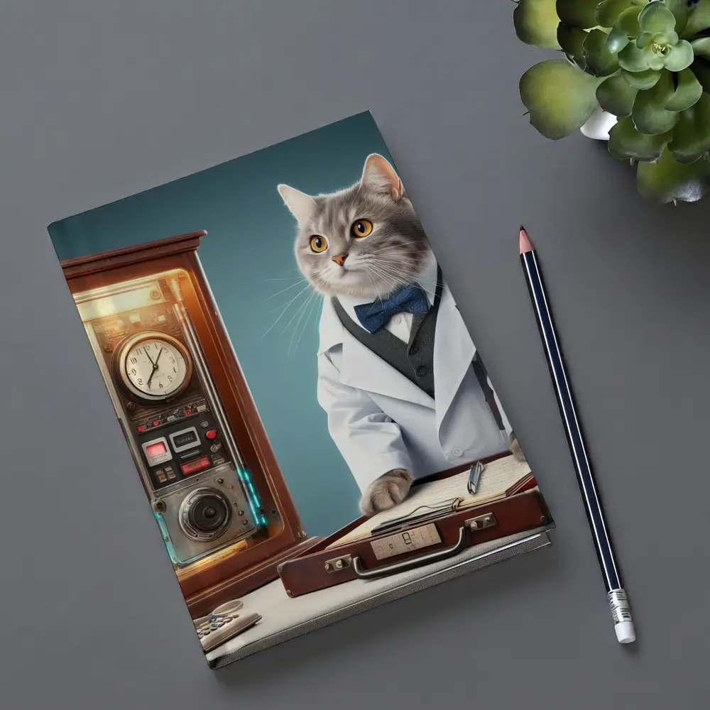 Gray Cat Scientist Lab Coat Blue Background – Notebooks