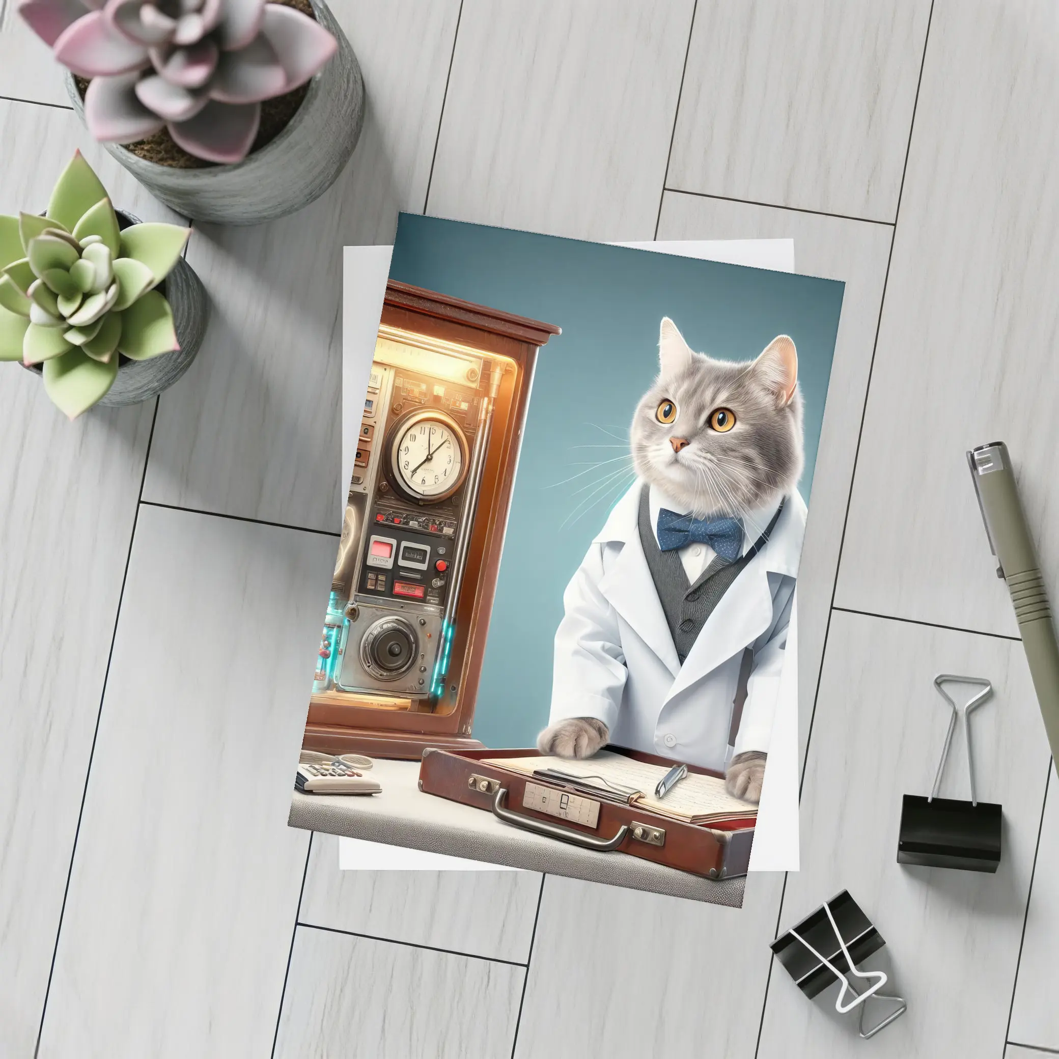 Gray Cat Scientist Lab Coat Blue Background – Postcards