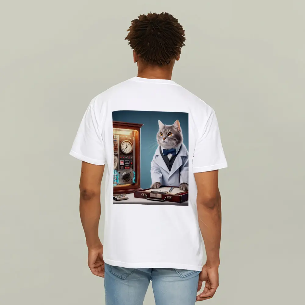 Gray Cat Scientist Lab Coat Blue Background – T-Shirts