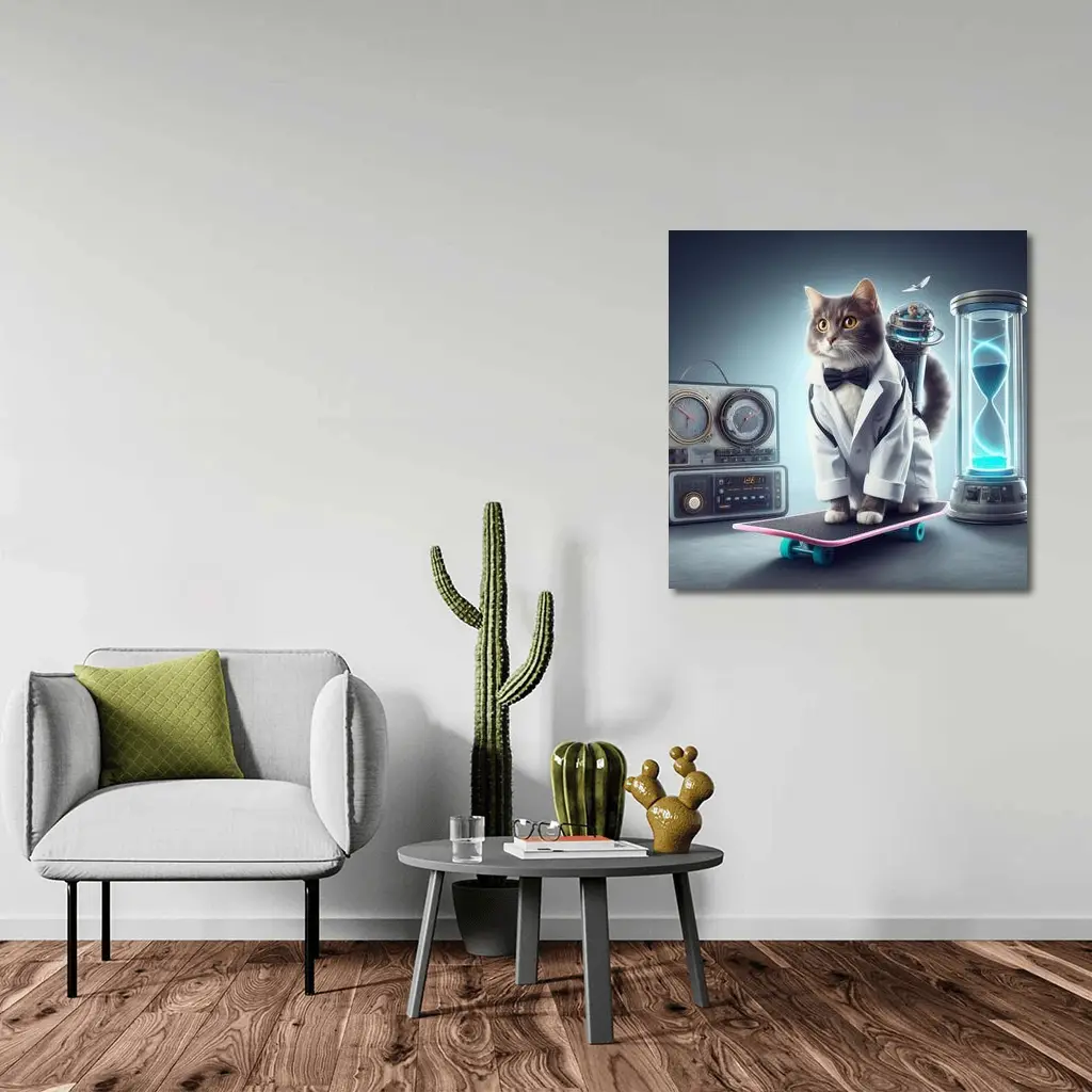 Scientist Cat On Skateboard Time Travel – Wall Art
