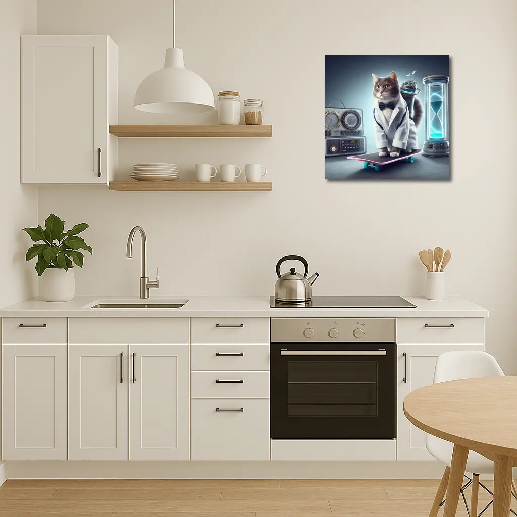 Scientist Cat On Skateboard Time Travel – Wall Art