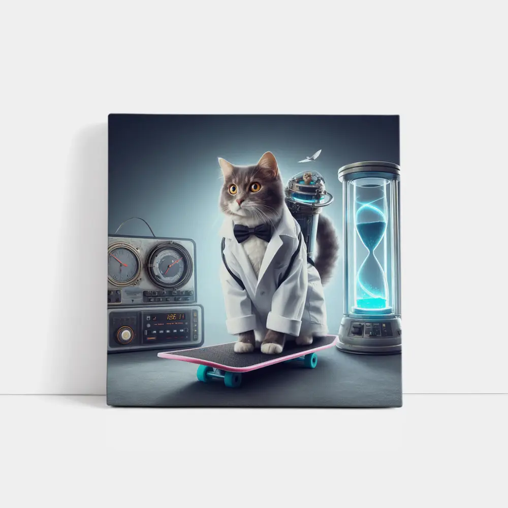 Scientist Cat On Skateboard Time Travel – Wall Art