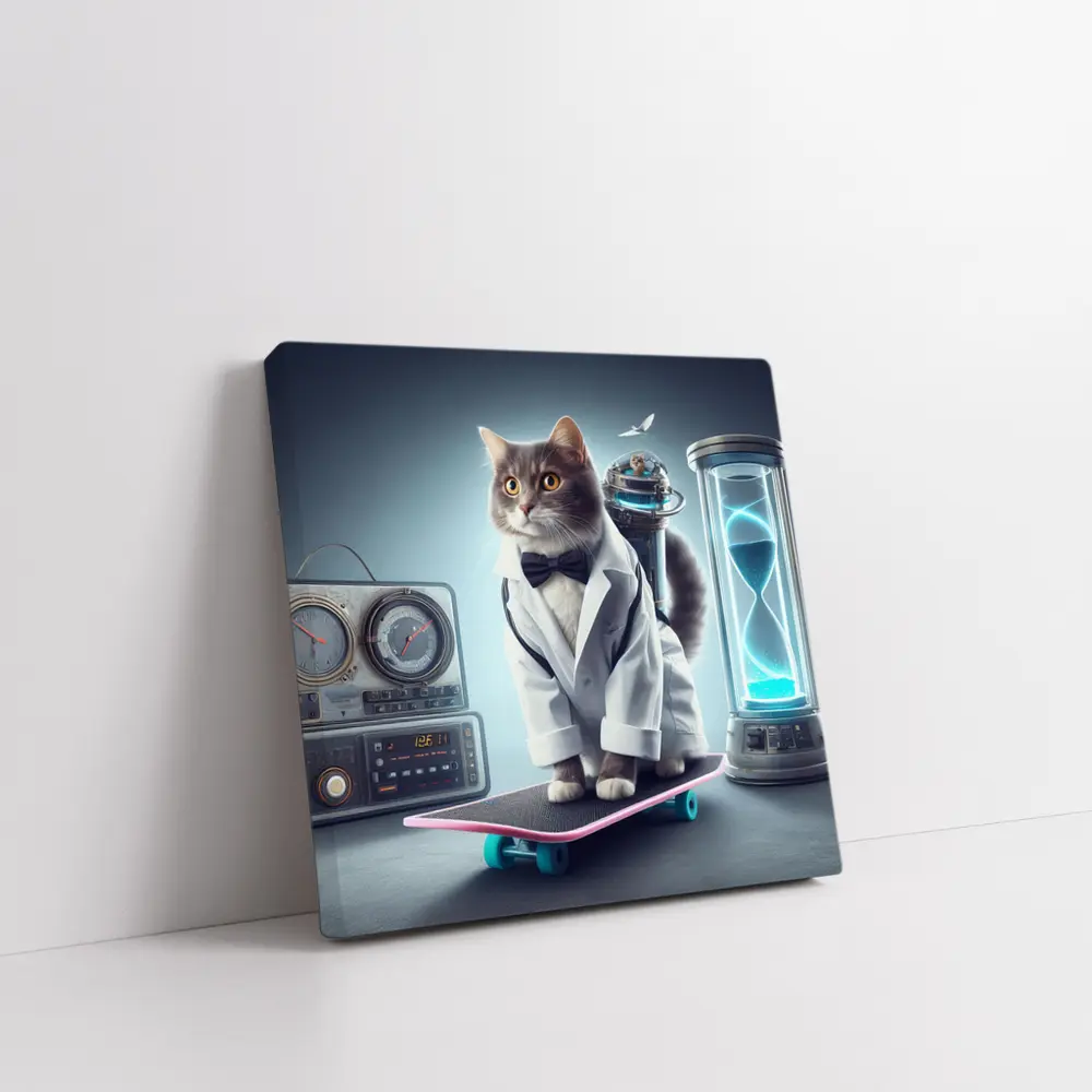 Scientist Cat On Skateboard Time Travel – Wall Art