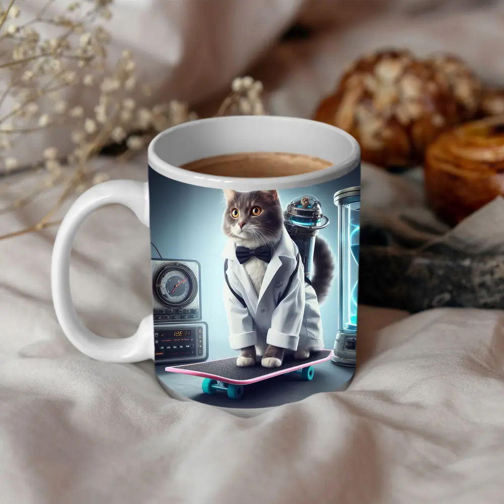 Scientist Cat On Skateboard Time Travel – Mugs