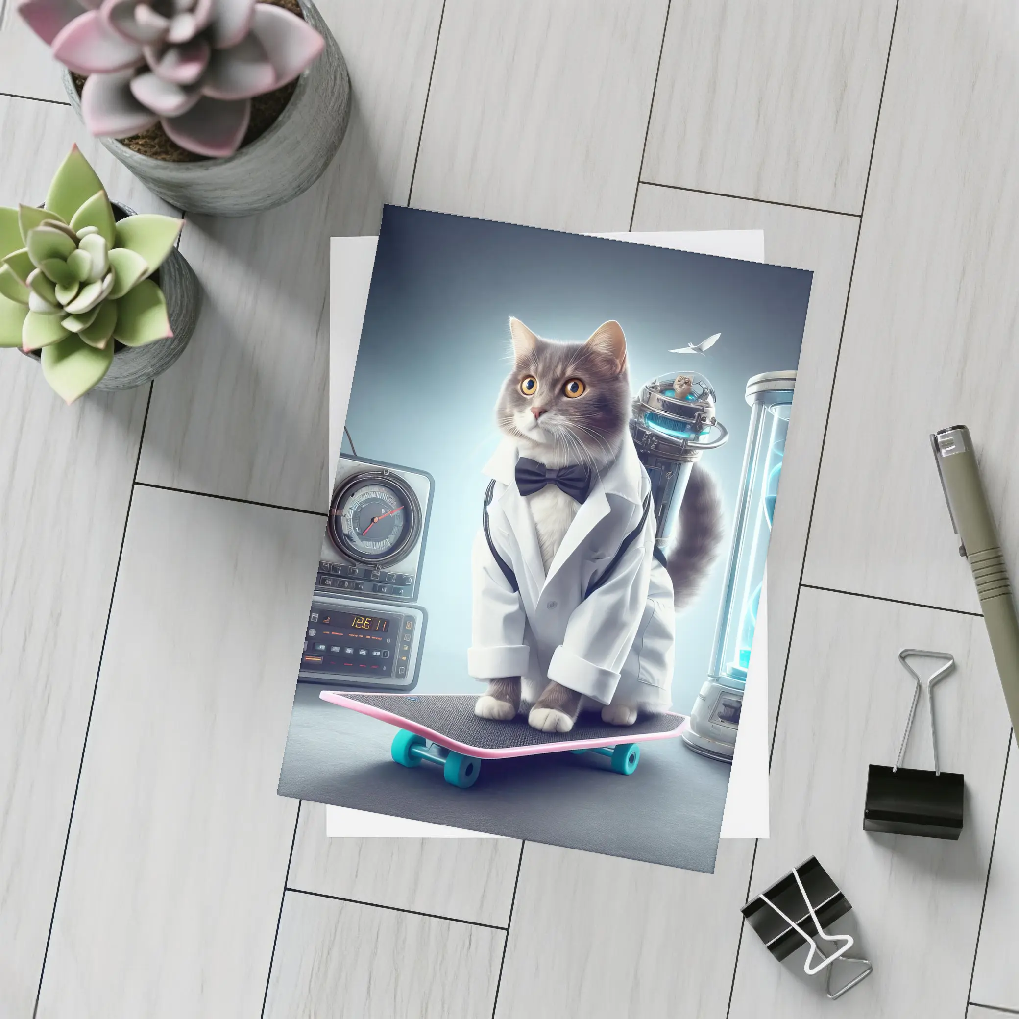 Scientist Cat On Skateboard Time Travel – Postcards