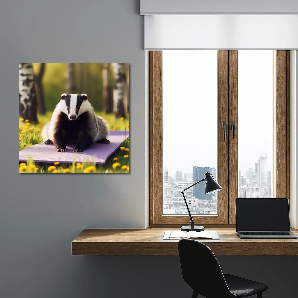 Badger on Yoga Mat Spring Meadow – Wall Art