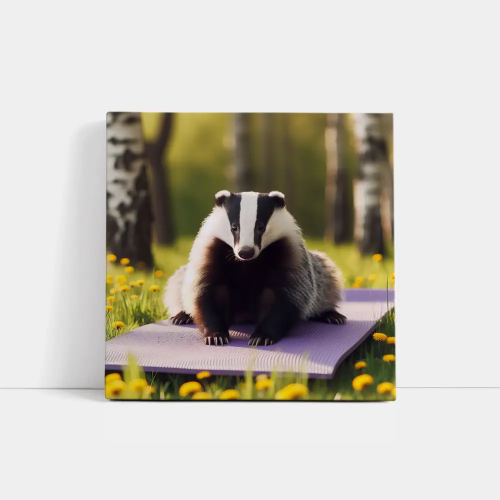 Badger on Yoga Mat Spring Meadow – Wall Art