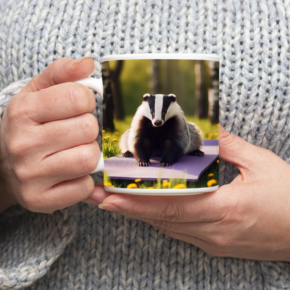 Badger on Yoga Mat Spring Meadow – Mugs