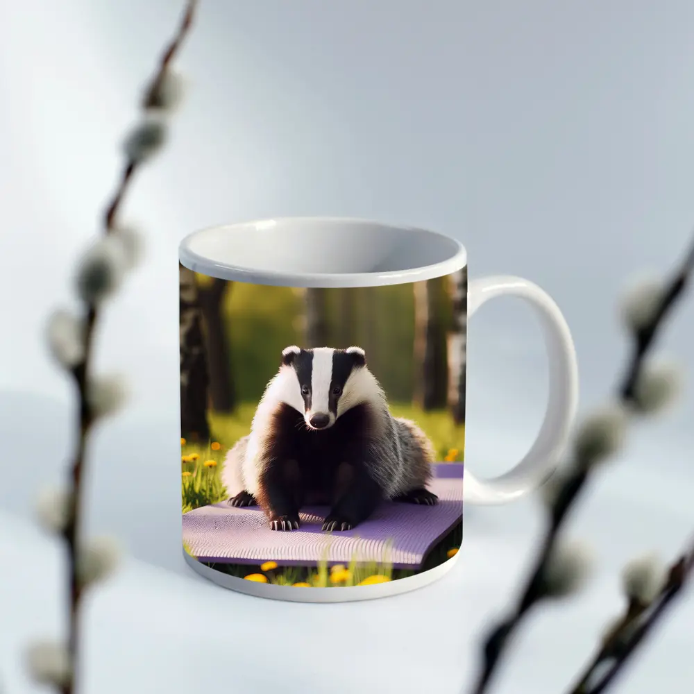 Badger on Yoga Mat Spring Meadow – Mugs