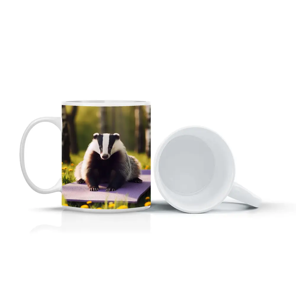 Badger on Yoga Mat Spring Meadow – Mugs