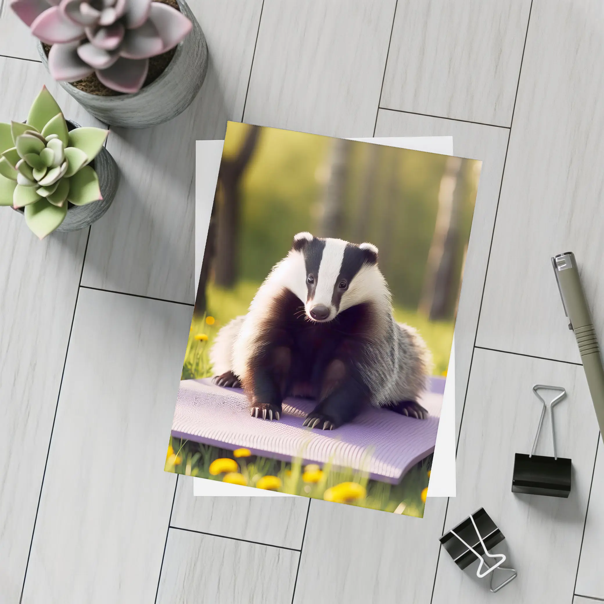 Badger on Yoga Mat Spring Meadow – Postcards