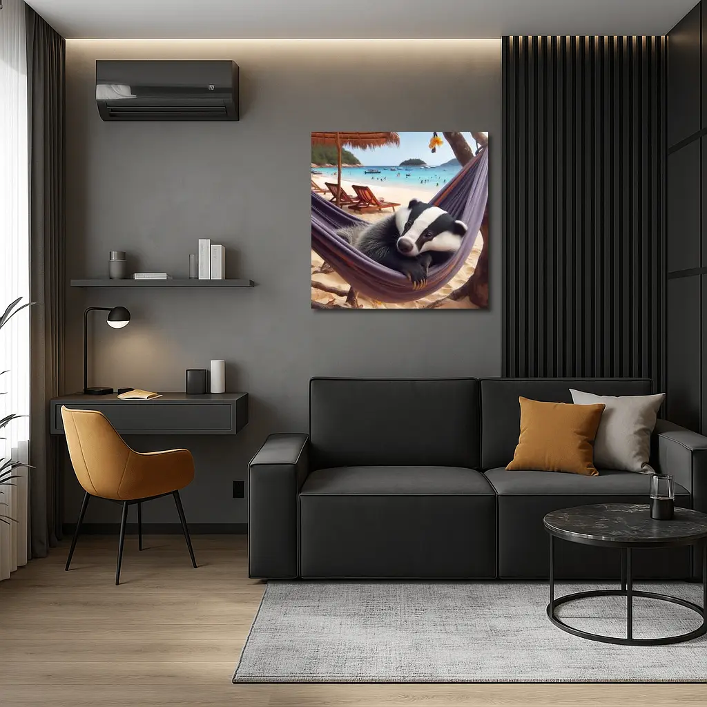 Badger Relaxing in Hammock Beach Scene – Wall Art