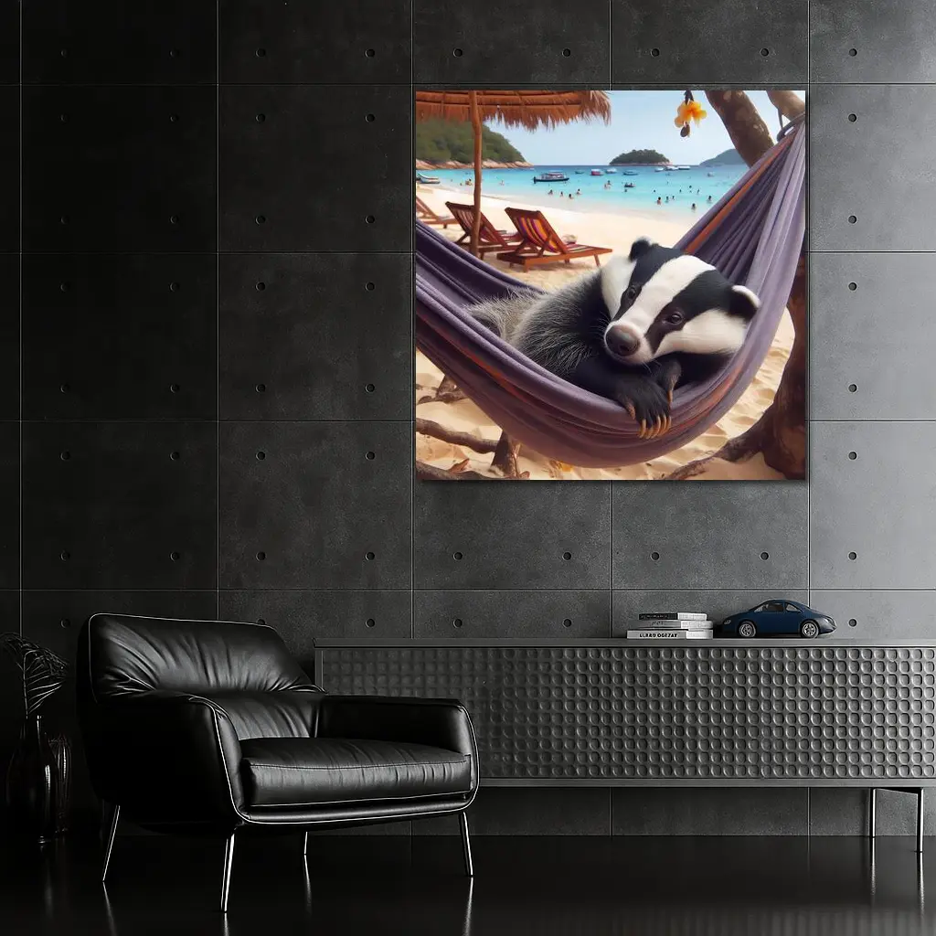 Badger Relaxing in Hammock Beach Scene – Wall Art