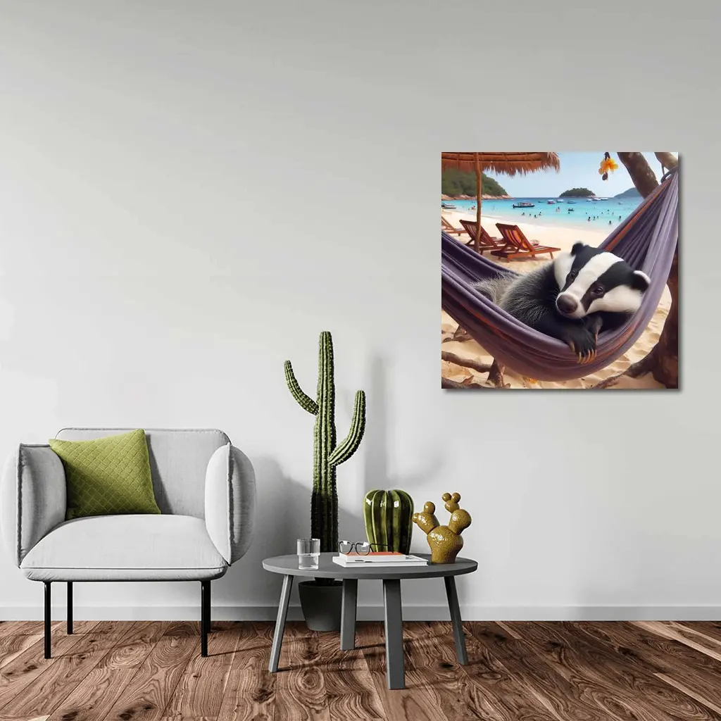 Badger Relaxing in Hammock Beach Scene – Wall Art