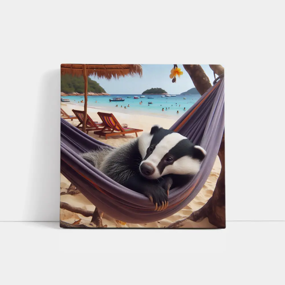 Badger Relaxing in Hammock Beach Scene – Wall Art