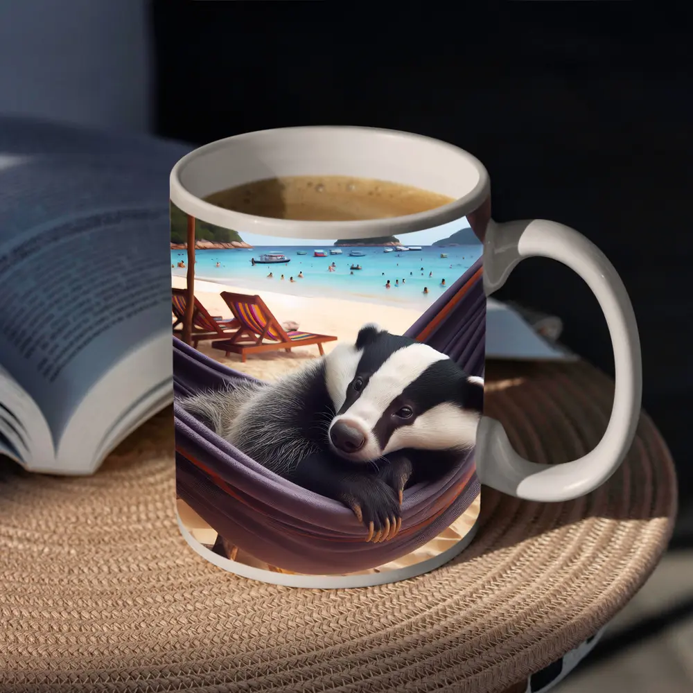 Badger Relaxing in Hammock Beach Scene – Mugs