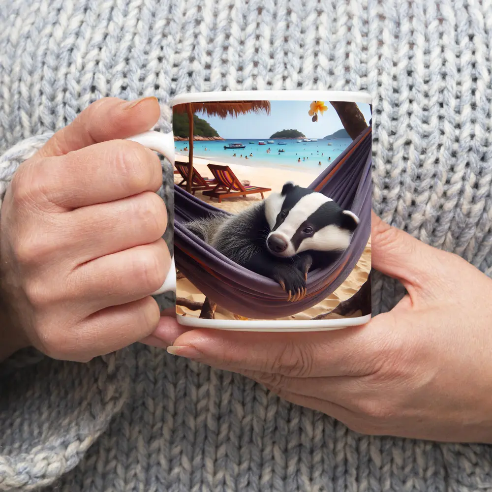 Badger Relaxing in Hammock Beach Scene – Mugs