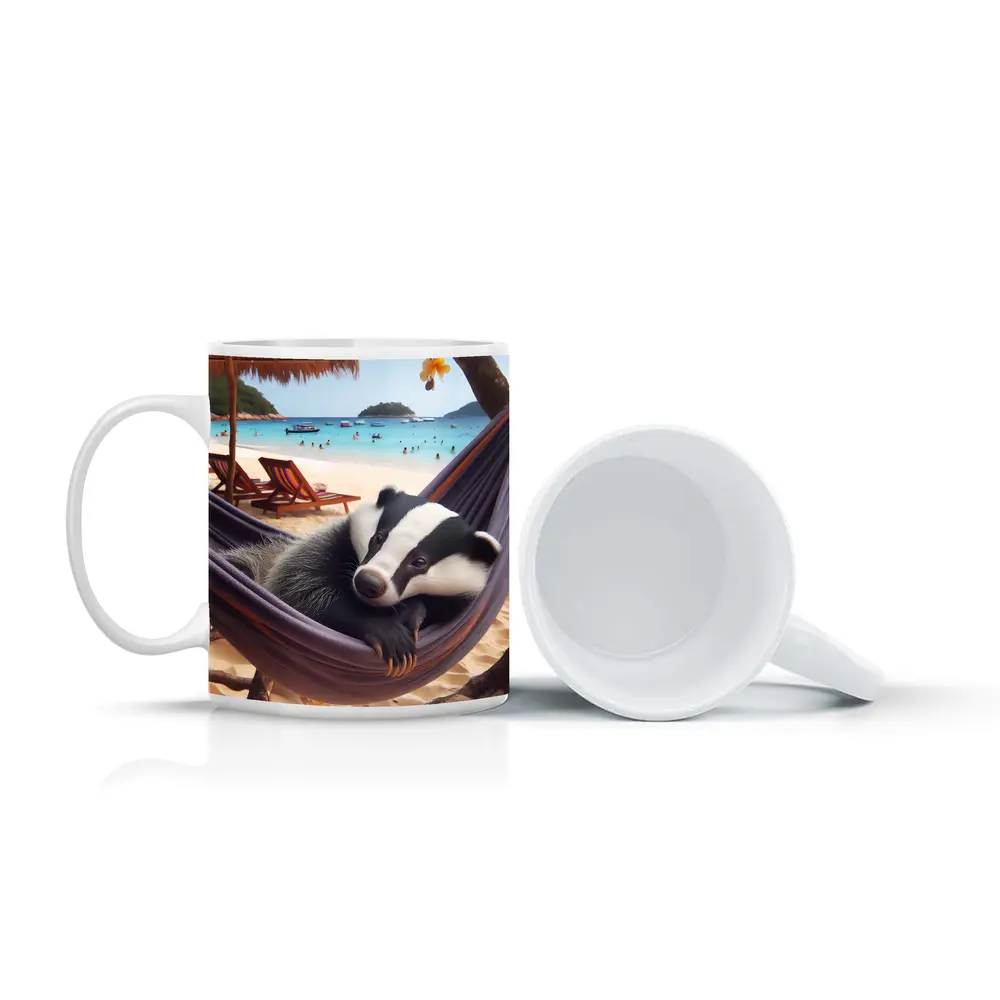 Badger Relaxing in Hammock Beach Scene – Mugs