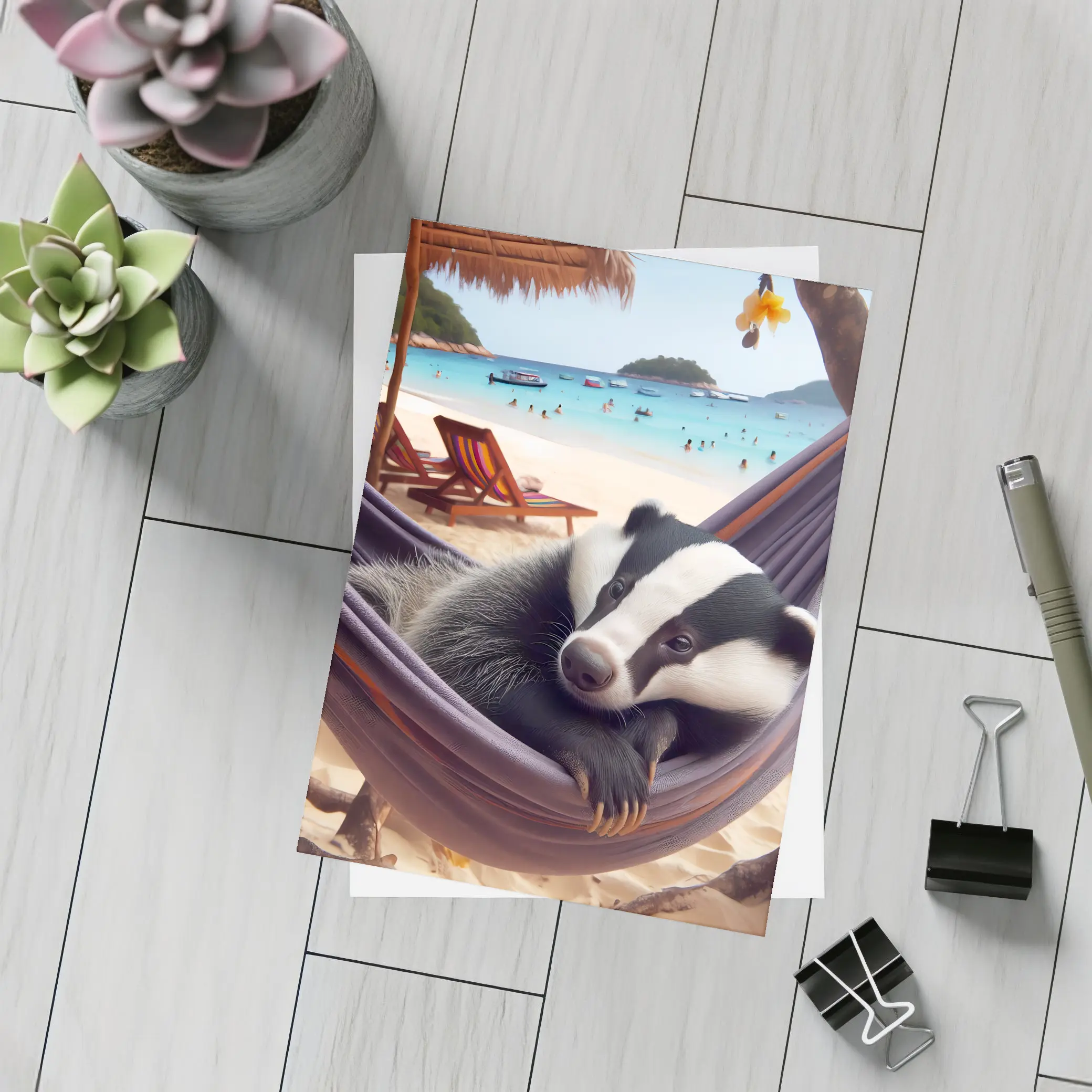 Badger Relaxing in Hammock Beach Scene – Postcards
