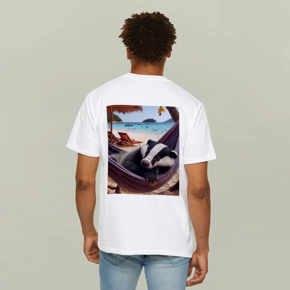 Badger Relaxing in Hammock Beach Scene – T-Shirts
