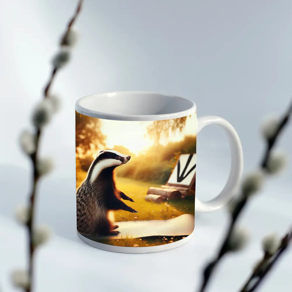 Badger Doing Yoga On Garden Mat – Mugs