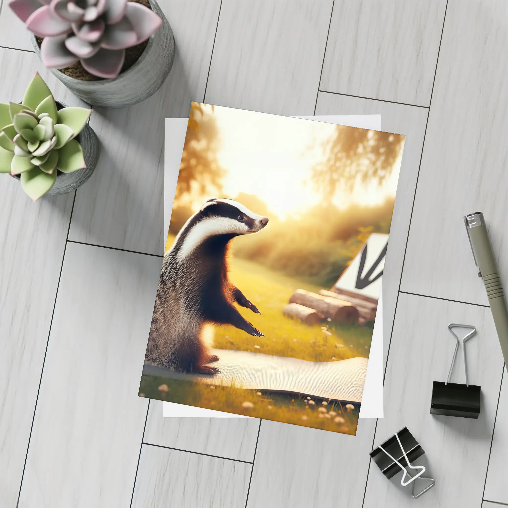 Badger Doing Yoga On Garden Mat – Postcards