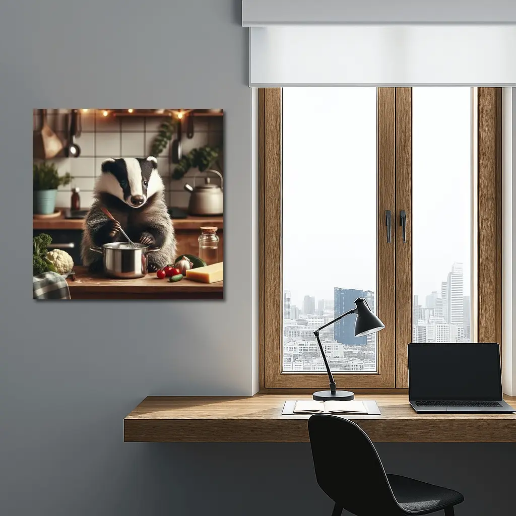 Badger Cooking in Cozy Kitchen Scene – Wall Art