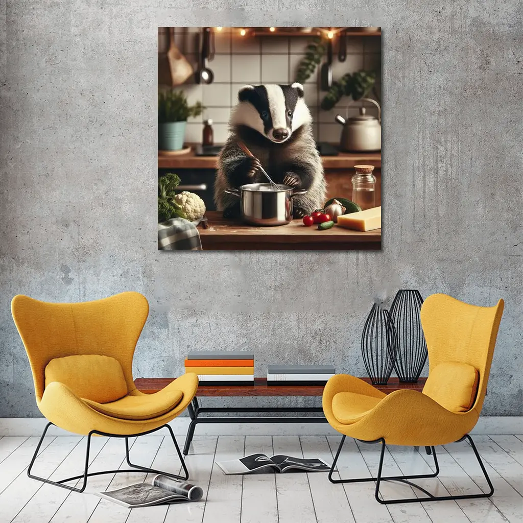 Badger Cooking in Cozy Kitchen Scene – Wall Art