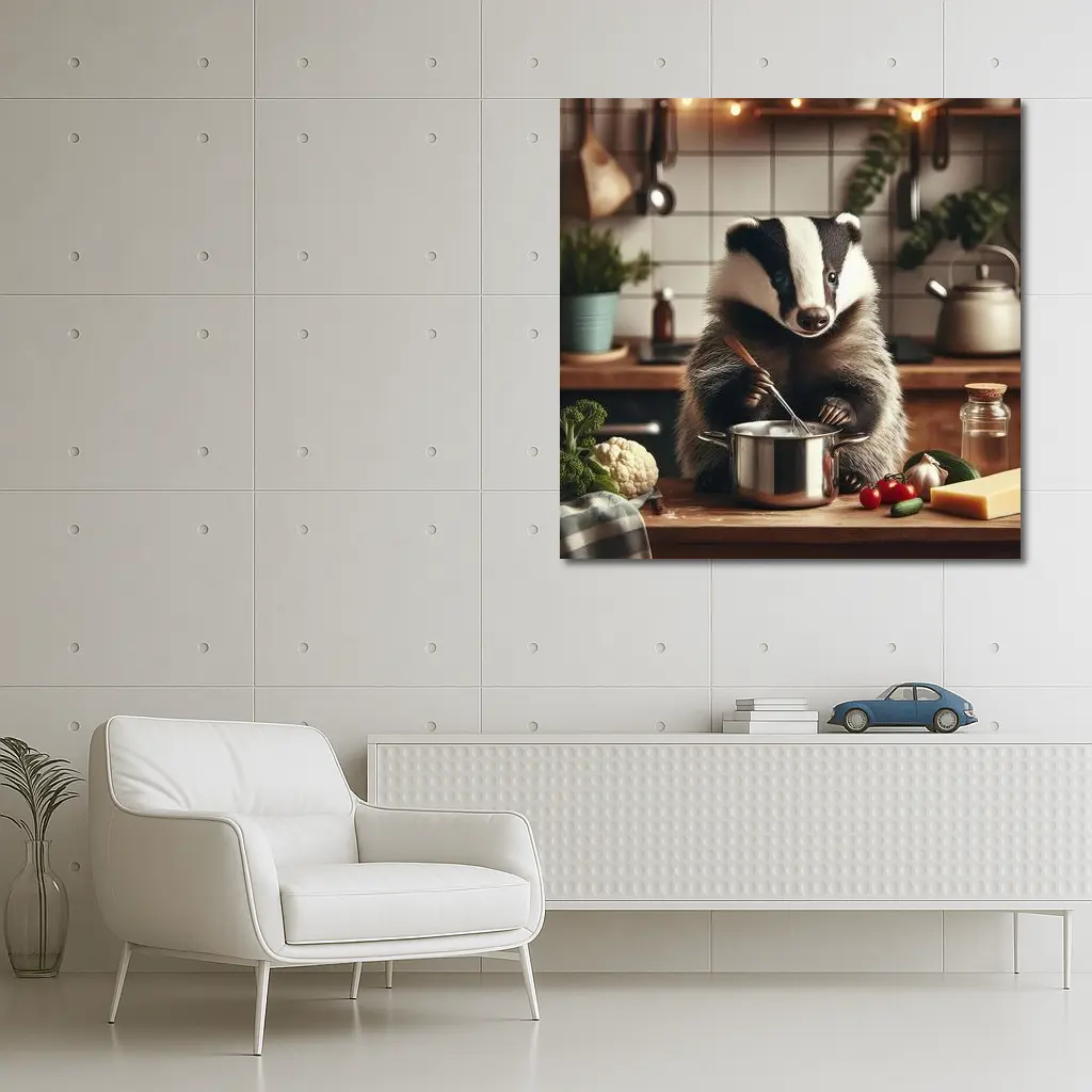 Badger Cooking in Cozy Kitchen Scene – Wall Art