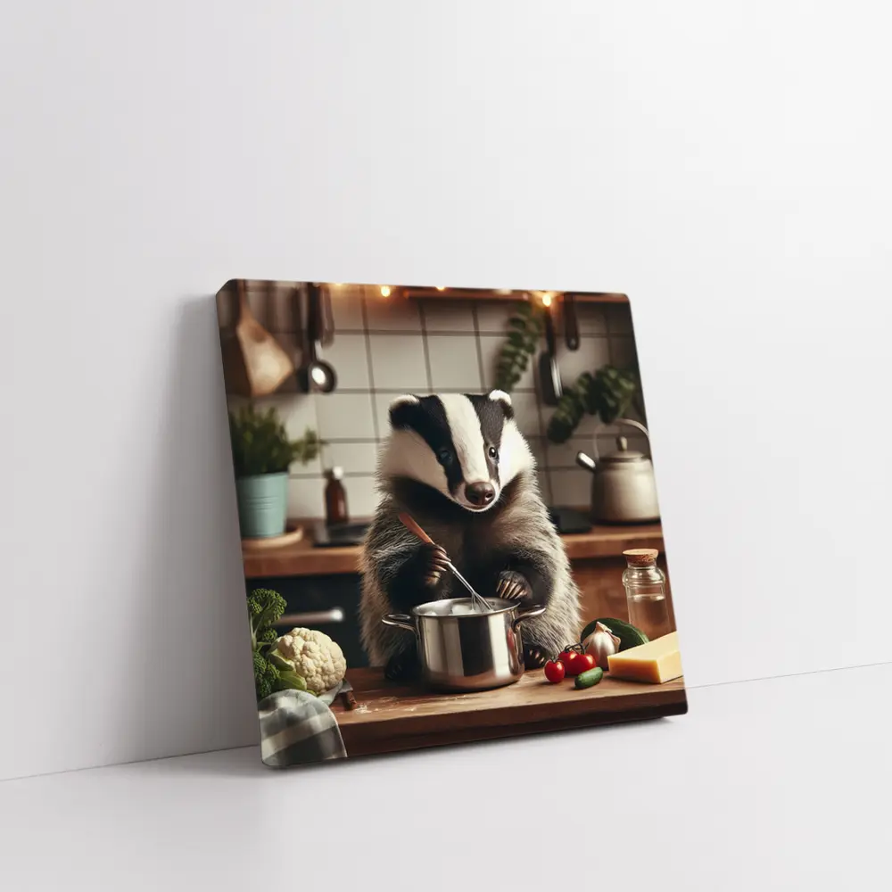 Badger Cooking in Cozy Kitchen Scene – Wall Art