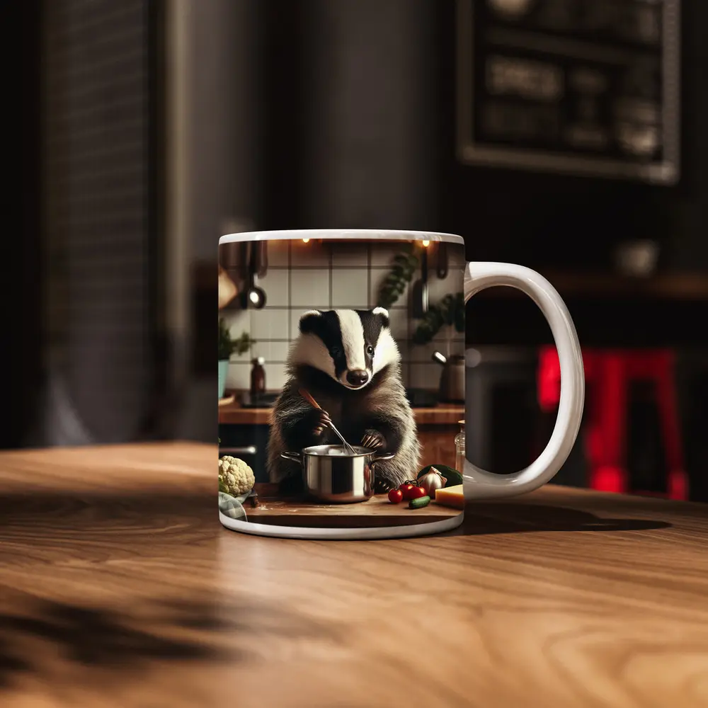 Badger Cooking in Cozy Kitchen Scene – Mugs