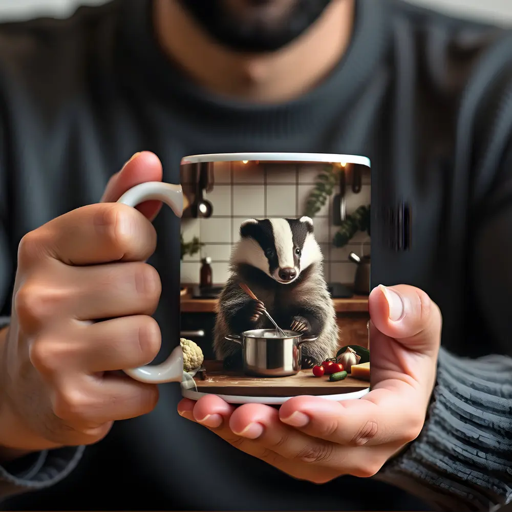 Badger Cooking in Cozy Kitchen Scene – Mugs