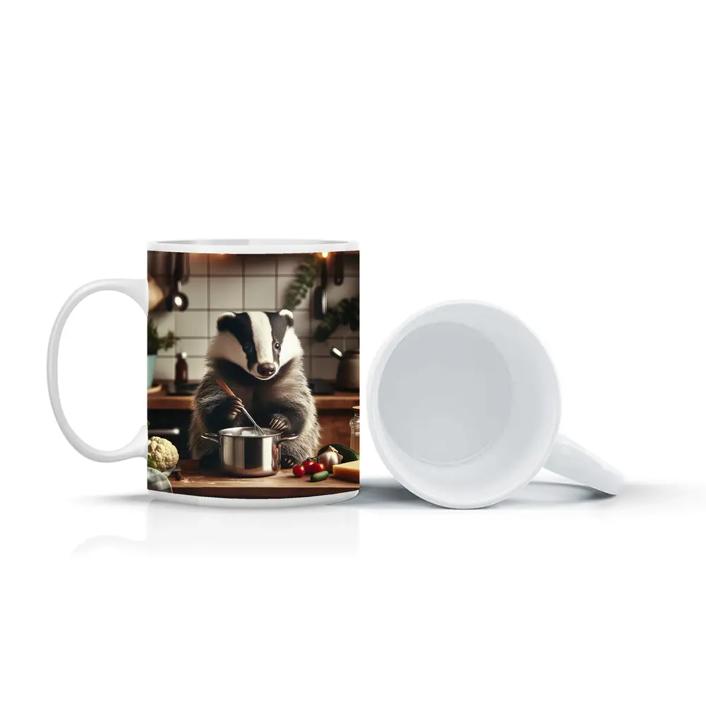 Badger Cooking in Cozy Kitchen Scene – Mugs