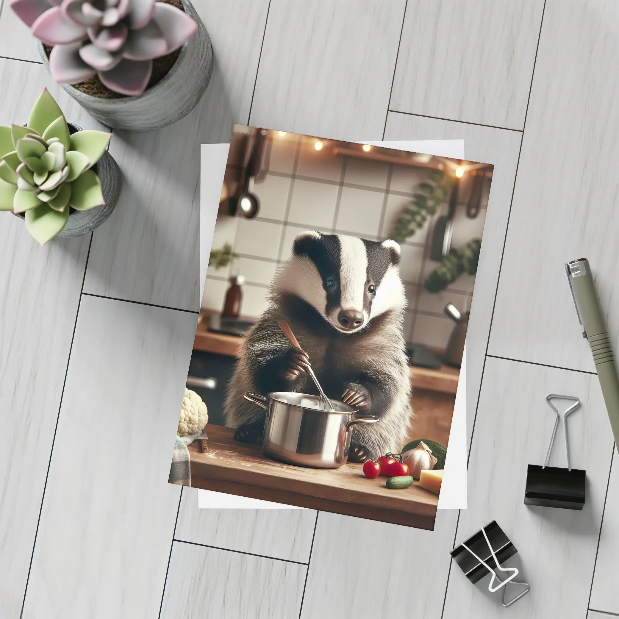 Badger Cooking in Cozy Kitchen Scene – Postcards